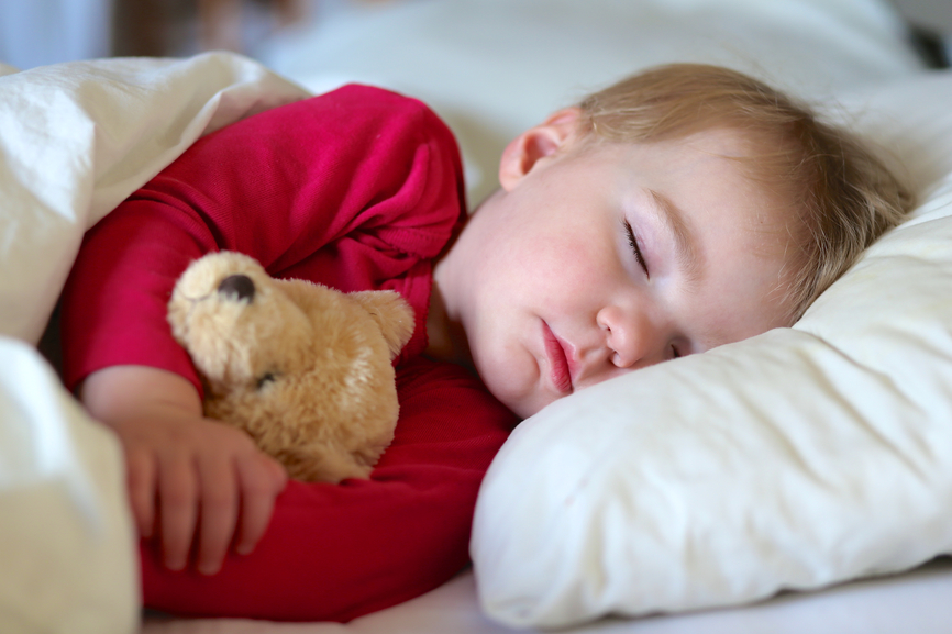 Healthy child, sweetest blonde toddler girl sleeping in bed holding her teddy bear