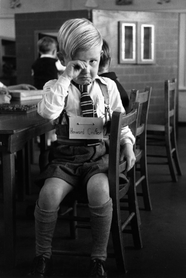 Five-year-old Howard Crafter in tears on his first day at school at St Nicholas County Primary School in Loughton, Essex.